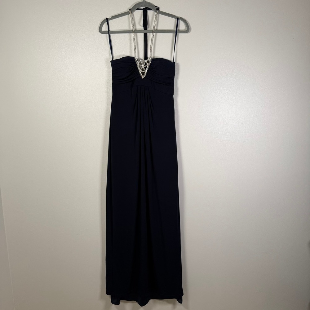 Cache Gown 6 Midnight Blue Rhinestone Halter Neck Formal Dress Maxi Made in USA